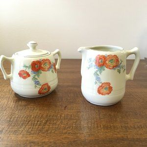 Hall's Superior Quality Orange Poppy Creamer and Sugar Bowl w/ Lid
